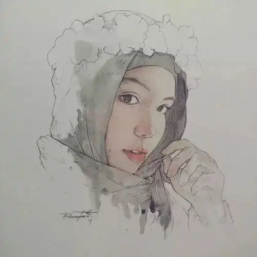 他的钢笔淡彩,寥寥几笔画出了女孩子独有的美
