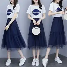 夏装2019款女连衣裙夏流行裙子女装新款网纱a字裙套装短袖t两件套