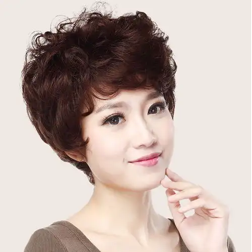送妈妈假发女短发短卷发假发套中老年真发头套斜刘海真人发丝整顶
