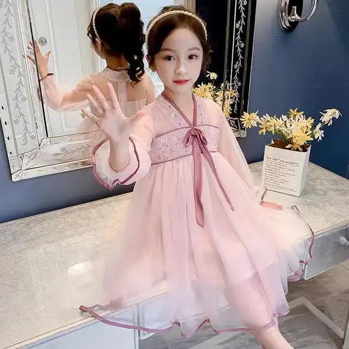 女童连衣裙2020新款夏季洋气儿童唐装公主裙女孩汉服蓬蓬网纱裙子