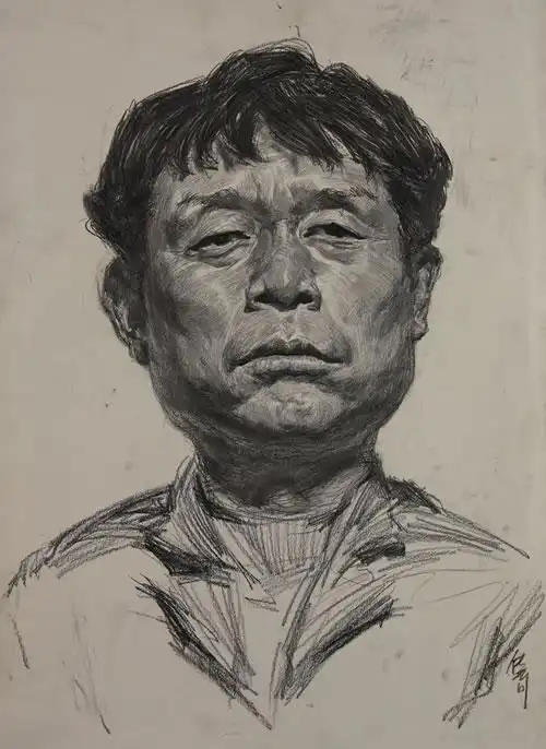 素描头像.正面男中年,带有高脚杯静物