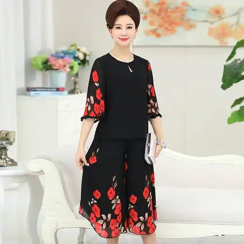 2020新款夏装中老年女装妈妈装宽松大码时尚短袖印花雪纺套装女