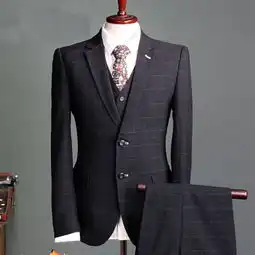 西服套装男士商务休闲正装三件套修身新郎结婚礼服英伦格子西装男