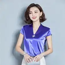 91792019夏季衬衣女短袖显瘦大码上衣缎面v领宽松仿真丝衬衫