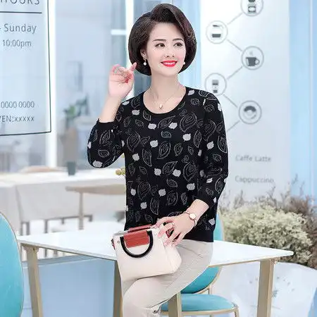洋湖轩榭中老年女装秋装新款七分袖针织衫女圆领透气妈妈装打底衫a