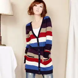 2013新款韩版宽松型条纹单排扣长袖针织开衫