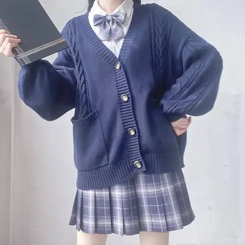 施悦名秋冬新款棉针织衫开衫甜美少女日系外套女装jk制服学院风v领毛衣