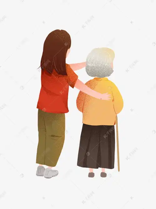 手绘卡通搀扶老奶奶的长发女人背影可商用元素素材图片免费下载千库网