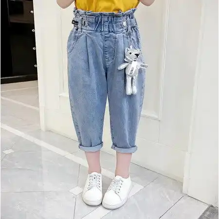 2019新款夏季女童热裤宽松哈伦肥大小学生花苞腰头洋气牛仔七分裤m