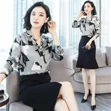 真丝衬衫女春秋装新款不规则图案气质通勤单排多扣长袖桑蚕丝衬衫