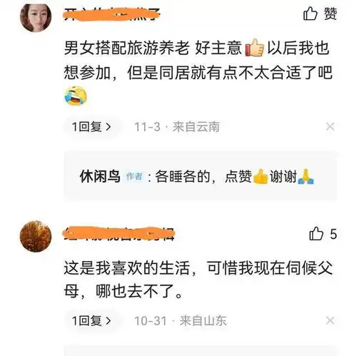 老人招志同道合的同游者,男女搭配,费用分摊,网友评论亮了