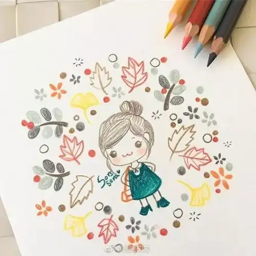 超萌的一组彩铅简笔画小女孩和小动物