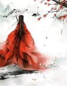 求古风红衣女子站在雪中的图片