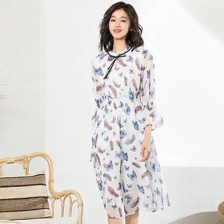 汤河店文艺木耳边雪纺连衣裙2019春夏新款少女心显瘦碎花裙仙女初恋裙