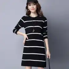 长袖黑白条纹连衣裙