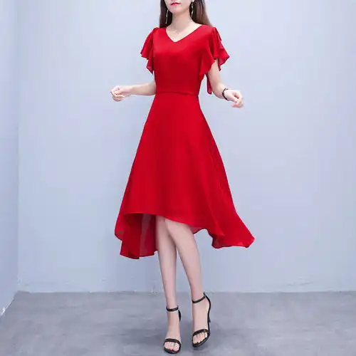 红色连衣裙2019夏新款女韩版赫本风不规则高贵雪纺有女人味的裙子