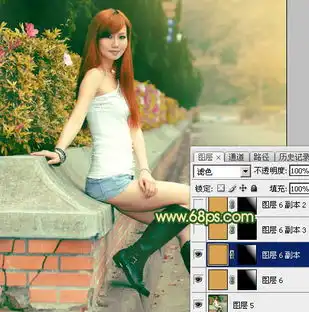 photoshop将花坛边的美女加上秋季晨曦色
