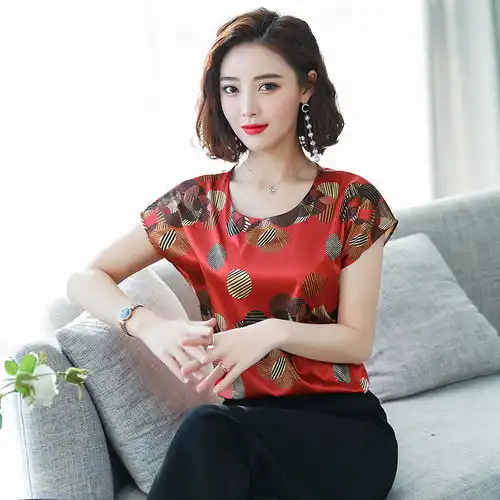 弹力缎面上衣女短袖新款印花夏装时尚女式显瘦夏季圆领蝙蝠袖t恤