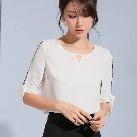 施悦名2019夏季新品女装圆领五分袖小衫女时尚气质雪纺衬衫