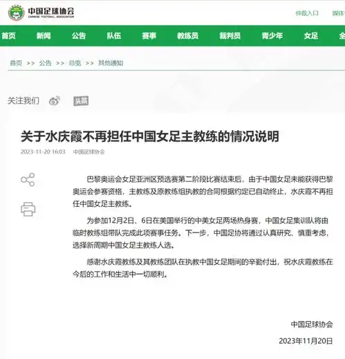 中国足协官宣水庆霞不再担任中国女足主教练