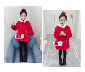 纤琦兔女童丽丝绒唐装旗袍冬装新款年服儿童民族风过年喜庆红色棉衣中大童保暖棉袄外套