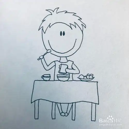 吃早餐的小男孩简笔画绘画