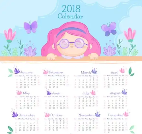 2018年可爱女孩年历设计图矢量图下载3028037169