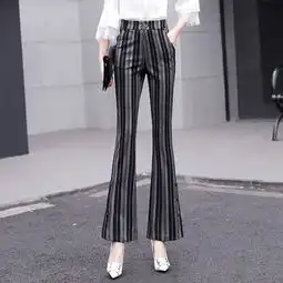 熤笙靘春季新款条纹修身喇叭裤高腰大码弹力显瘦长裤时尚女微喇裤子658