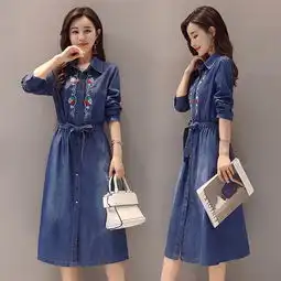 jeanesunp秋季新品气质潮流花色polo领单排扣长袖中长款牛仔连衣裙女图片大全邮乐官方网站