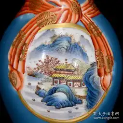 清乾隆单色釉鎏金开窗山水纹绶带瓶