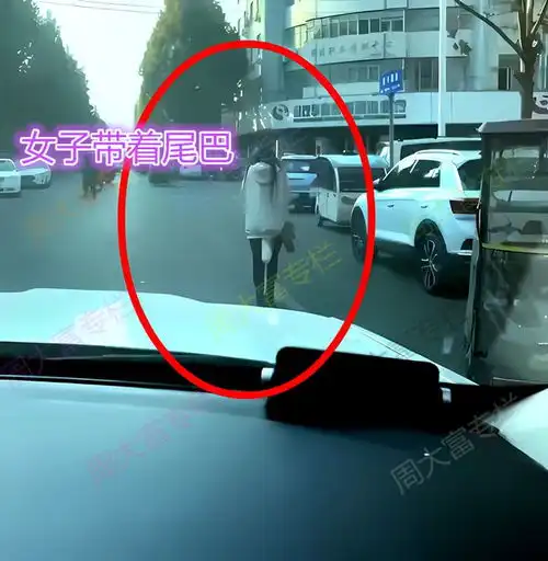 女子身后有一条尾巴,男子开车跟着觉得好奇她是怎么固定的