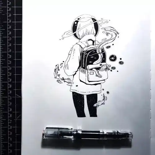 女生与海意境黑白插画大气磅礴的气势美呆了