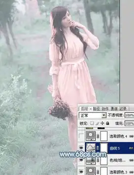 ps调制唯美淡青色的采花女孩图片