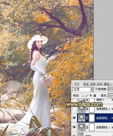 ps调出橙黄色效果的树林美女婚纱照片写真