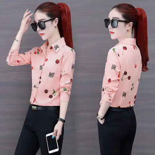 2020春秋新款衬衫女长袖衬衣韩范印花蝴蝶结雪纺衫大码粉色打底衫