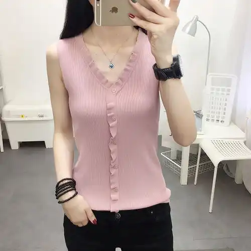 冰丝吊带背心女2020夏装新款百搭无袖打底上衣v领花边针织背心薄