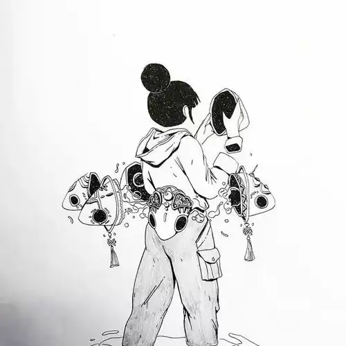 女生与海意境黑白插画大气磅礴的气势美呆了