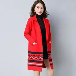 2017秋冬新款翻领印花长袖中长款女式毛呢大衣s1692
