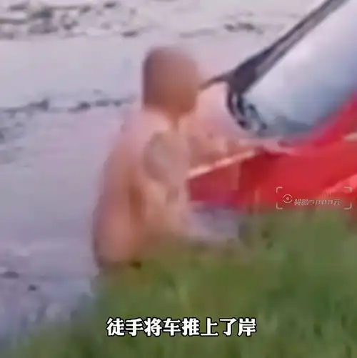 女子开车坠河,山东大汉徒手将车推至岸边,网友质疑天生神力
