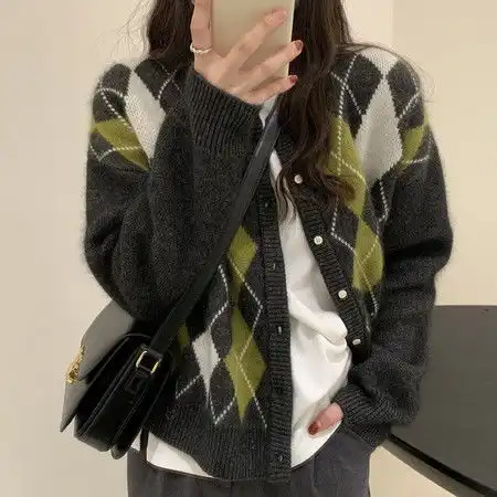 verhouse菱格针织开衫女秋冬新款慵懒风线衣外套宽松显瘦外穿毛衣