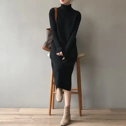 言双高领毛衣女2021秋冬新款韩版气质打底中长款针织连衣裙d208