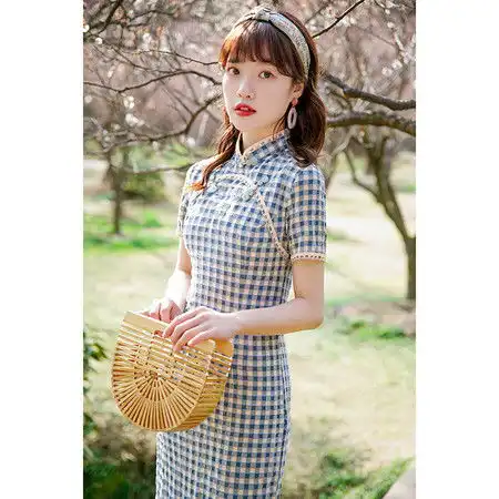 施悦名2021春夏年轻少女旗袍日常修身复古民国风文艺弹力棉旗袍a