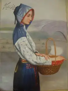 师大出未署名重漆油画江南女子,拱桥隐隐在烟雨中,少女披戴头巾,提着竹篮,娴雅婉约还有一点点忧郁,将女子之风韵展露极致