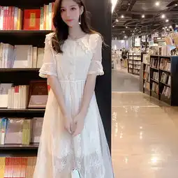 2019夏季新款气质女装法式桔梗网纱拼接淑女蕾丝连衣裙钉珠裙