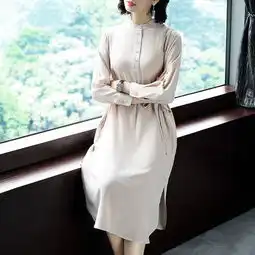 施悦名纯色欧美时尚连衣裙女中长款2018春装新款宽松简约气质裙子p7357