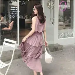 2019夏季韩版冷淡温柔风蛋糕裙女中长款无袖复古少女雪纺连衣裙仙sc