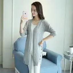 中长款修身女式镂空防晒开叉针织开衫薄外套披肩春夏新款女装粉黛