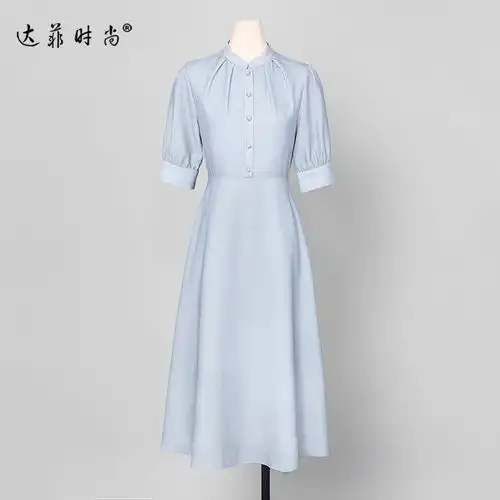 2018夏装新款时尚复古半高立领收腰显瘦优雅气质中长款女装连衣裙