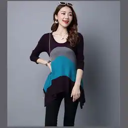 r秋冬新款女式针织衫长袖圆领套头中长款修身拼色百搭打底女装