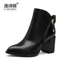 新款真皮粗跟高跟尖头女靴中筒靴时尚淑女骑士靴图片品牌图库鞋子鞋子品牌